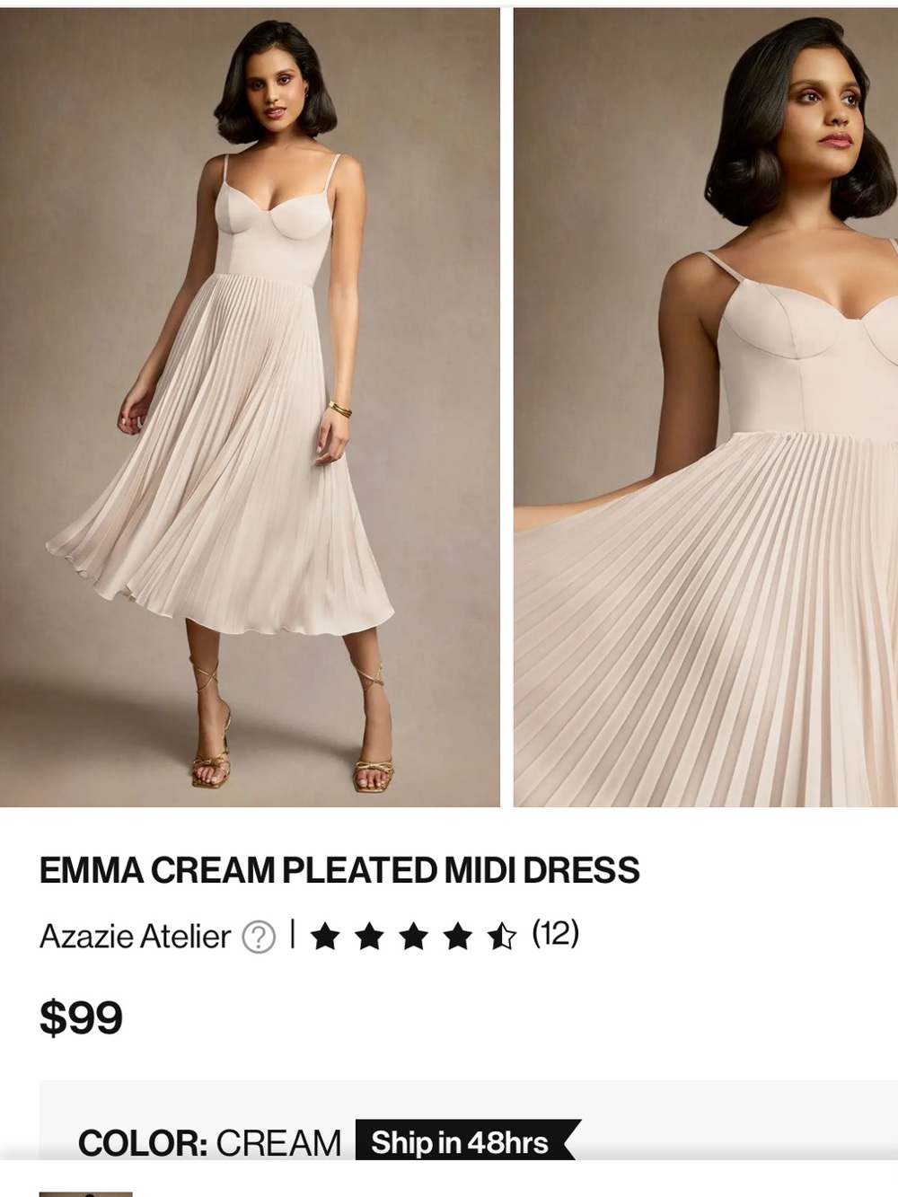 Azazie Cream Pleated Midi Dress with Spaghetti Straps